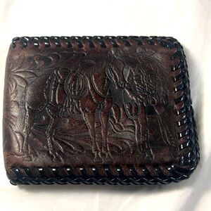 Vintage Handmade Tooled  Brown Leather Western Cowboy Horse and Flowers Wallet